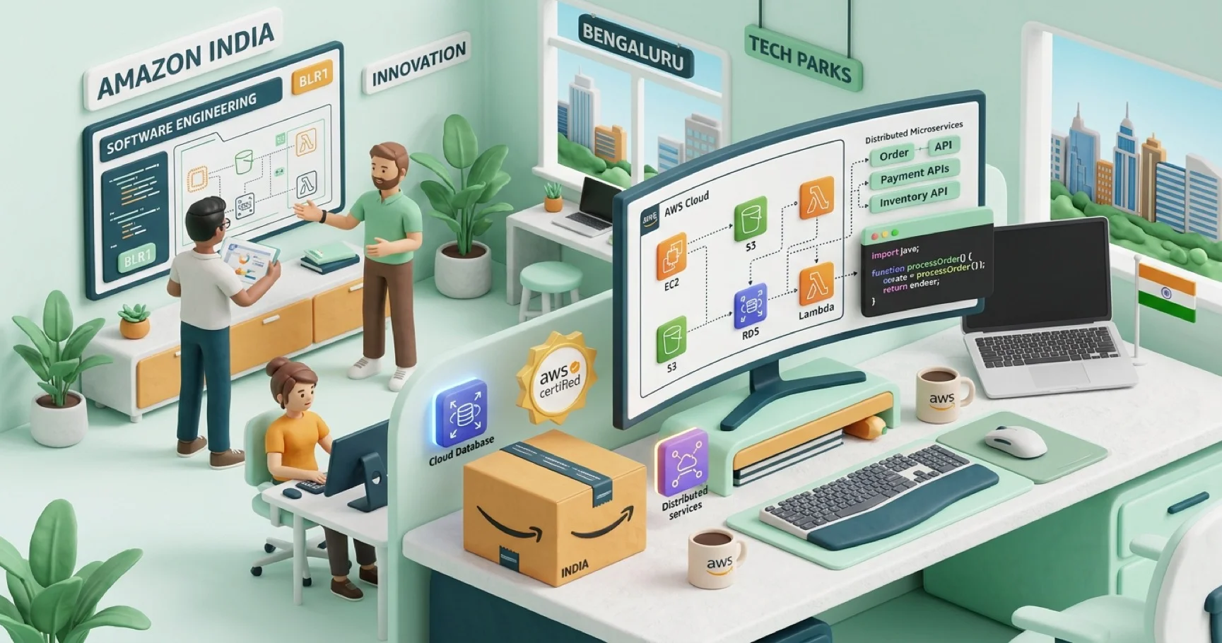 3D illustration of Amazon software engineering workspace, cloud architecture, and delivery box for Amazon resume guide