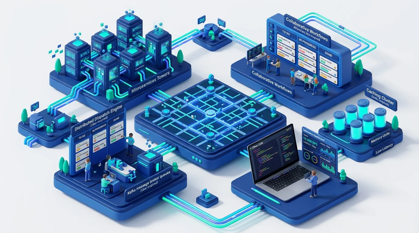 3D illustration of Atlassian and Uber high-concurrency software engineering resume ecosystem