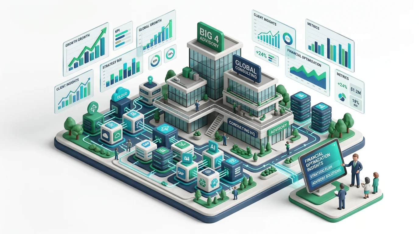 3D illustration of Deloitte USI and PwC technology consulting resume with cloud architecture and analytics