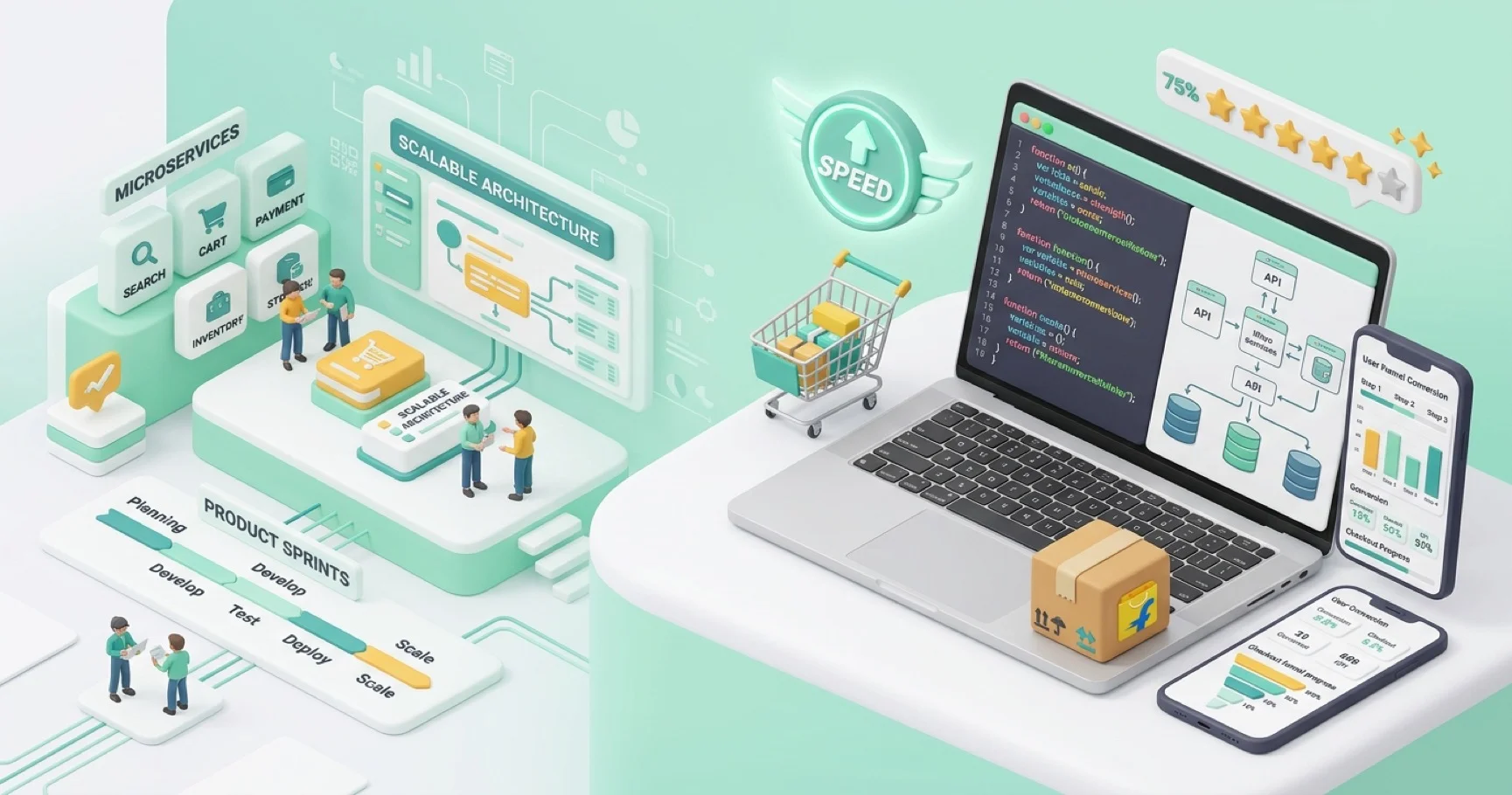 3D illustration of scalable e-commerce architecture and developer laptop for Flipkart resume guide
