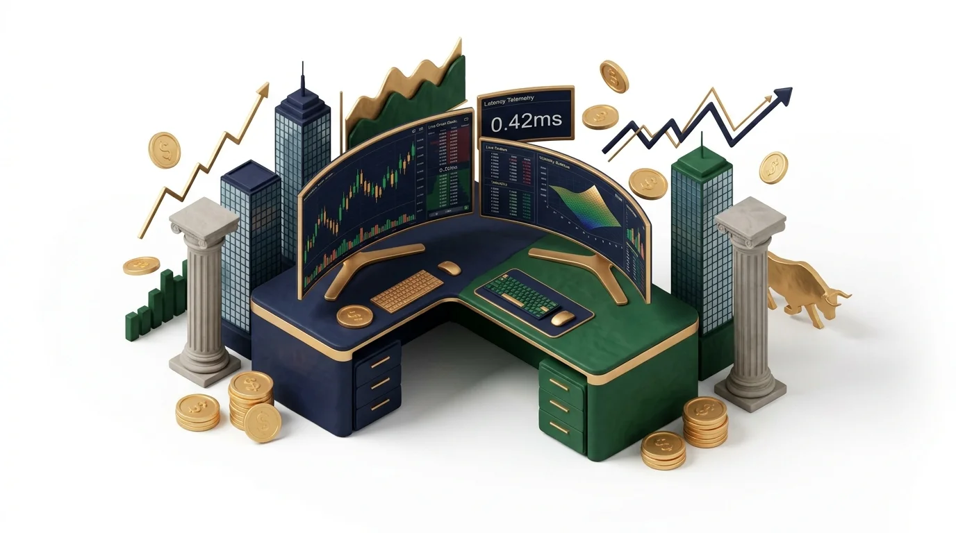 3D illustration of Goldman Sachs and Morgan Stanley investment banking technology workstation with trading charts