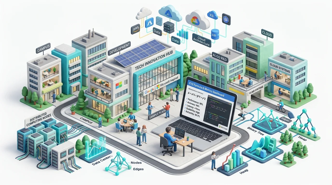 3D illustration of Google and Microsoft software engineering resume with system design and metrics