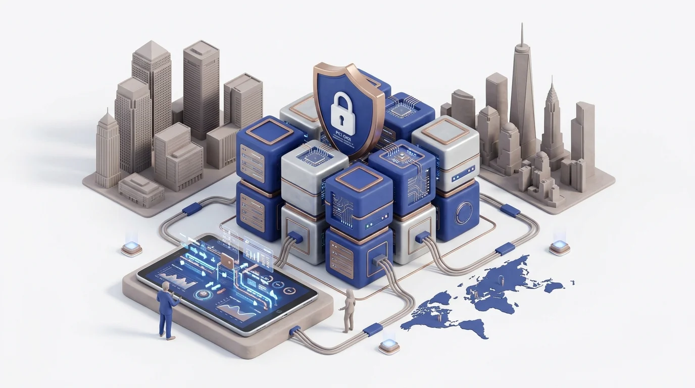 3D illustration of JPMorgan Chase and Barclays enterprise banking cloud architecture with cybersecurity shield