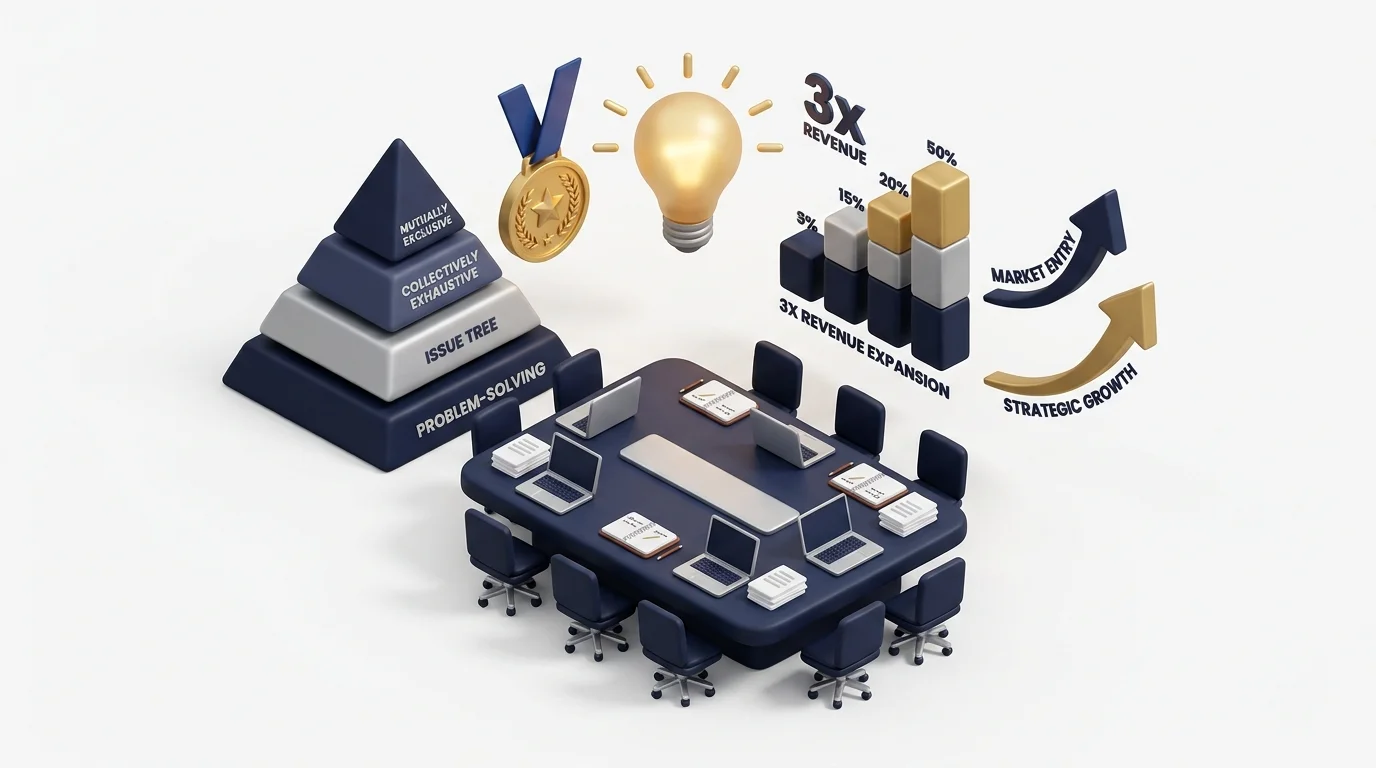 3D illustration of McKinsey and BCG strategy consulting resume with pyramid principle and strategic charts