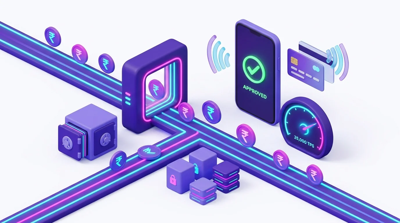 3D illustration of PhonePe and CRED high-throughput UPI payment gateway ecosystem with digital coins