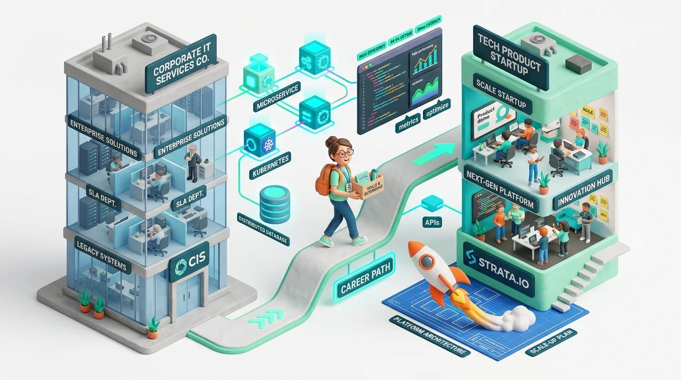 3D illustration of IT service engineer transitioning to tech product startup with microservices and cloud architecture