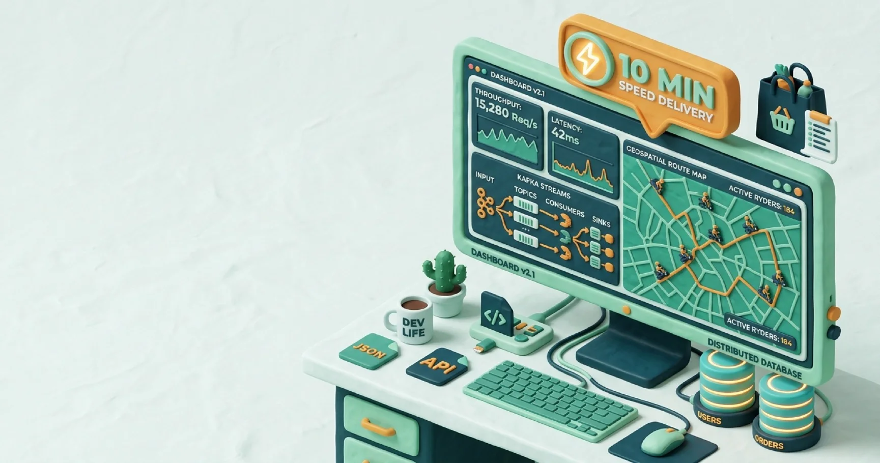 3D illustration of high-concurrency order dispatch dashboard, Kafka streams, and distributed databases for Swiggy and Zepto resume guide