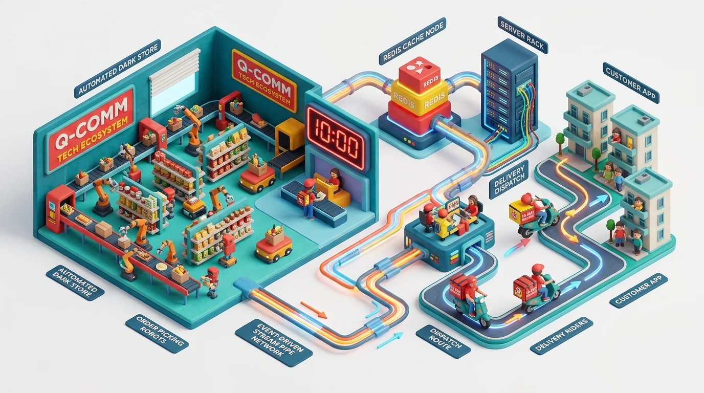 3D illustration of Zomato and Blinkit quick commerce high-concurrency backend architecture and metrics