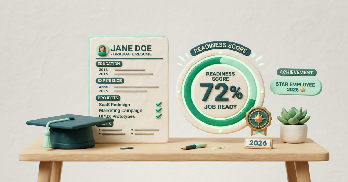 3D isometric career launchpad showing resume scoring, skill badges, and campus recruitment milestones for Indian fresh graduates