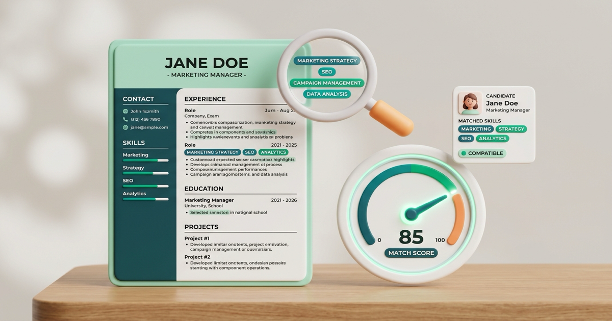 3D ATS resume scanner showing structured candidate parsing, keyword highlighting, and 85 out of 100 match score dial