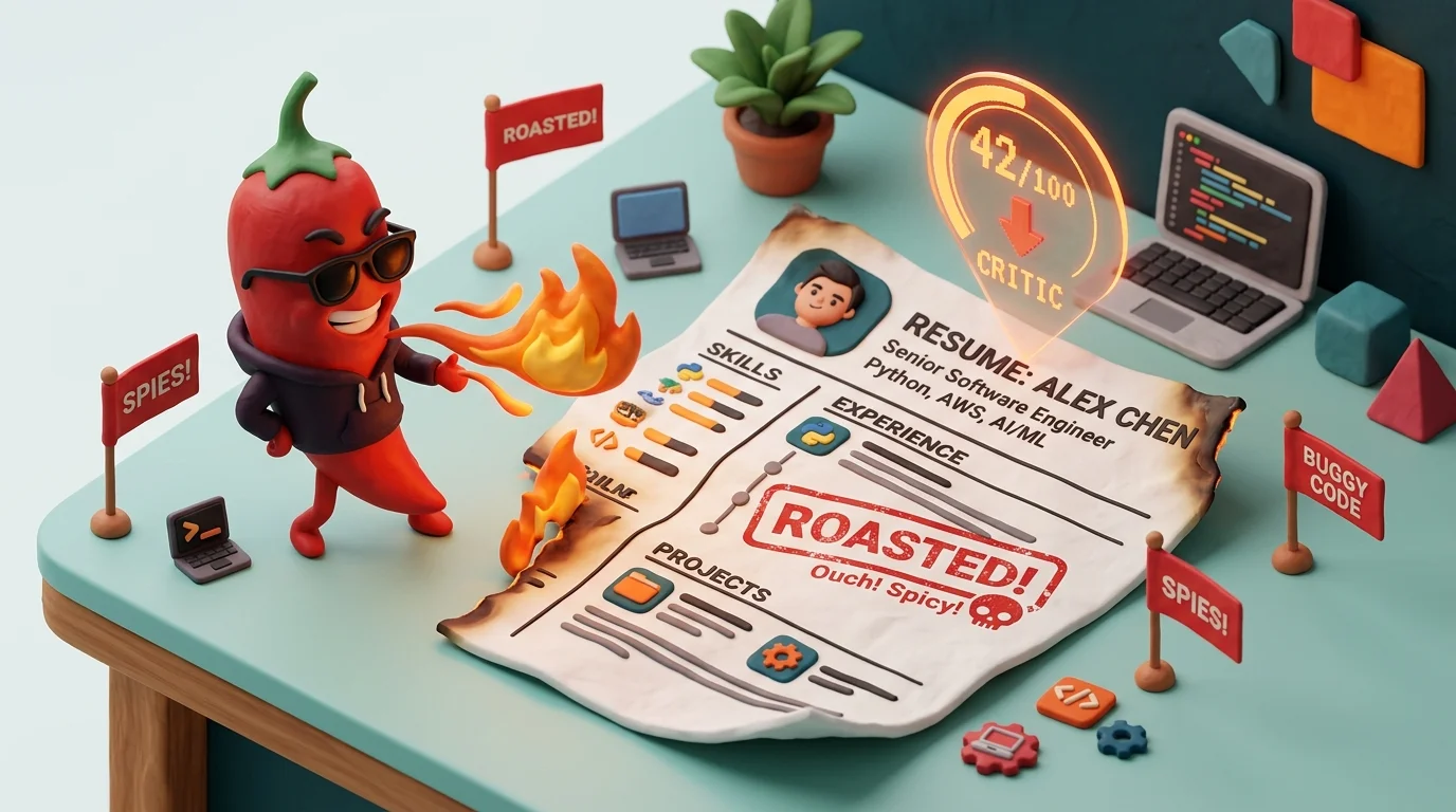 Roast My Resume - 3D clay-render spicy chili roasting tech resume